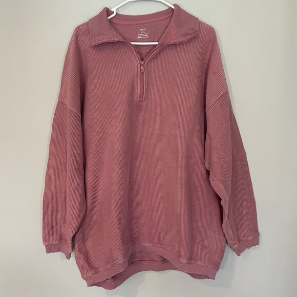 Aerie Good Vibes Corded Oversized Sweatshirt 1/4 Zip Large Dusty Pink Ribbed - Picture 1 of 8